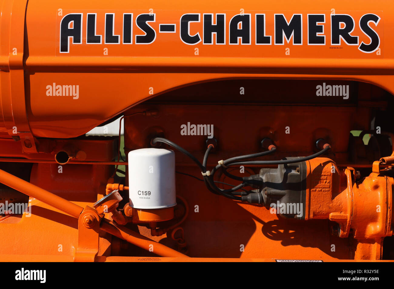 Trattore- 1939 ALLIS CHALMERS modello RC e logo engnine. Canfield fiera. Mahoning County Fair. Canfield, Youngstown, Ohio, Stati Uniti d'America. Foto Stock