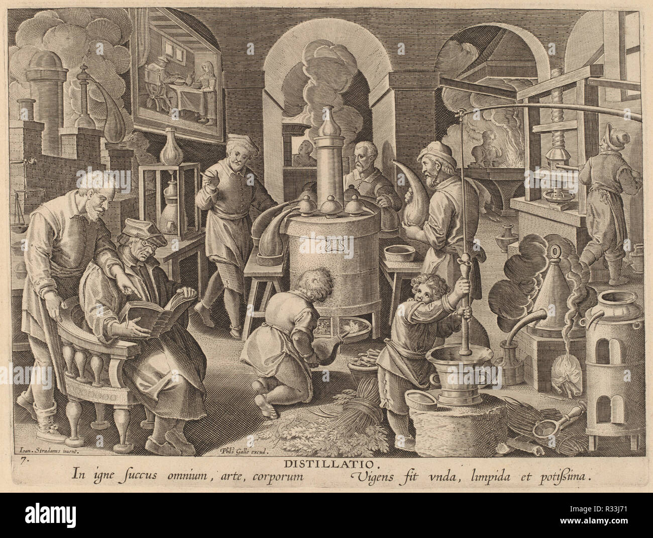 Distillazione: pl.7. Data: c. 1580/1590. Medium: incisione. Museo: National Gallery of Art di Washington DC. Autore: Theodor Galle dopo Jan van der Straet. Stradanus. Stradanus (Straet, van der), Johannes. Foto Stock