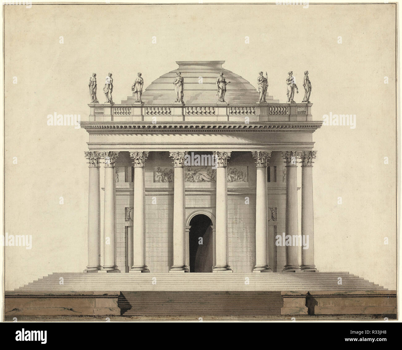 Un tempio classico. Data: c. 1780. Dimensioni: complessivo: 41,5 x 51,2 cm (16 5/16 x 20 3/16 in.). Medium: Penna e inchiostro nero con il grigio, marrone e verde, lava su cui la carta. Museo: National Gallery of Art di Washington DC. Autore: Luigi Gustave Taraval. Foto Stock