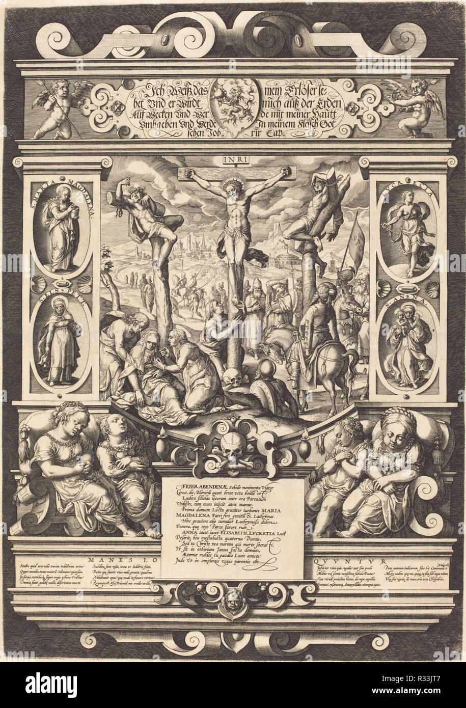 Monumento funebre per le Figlie di Feuerabend. Data: XVI secolo. Dimensioni: piastra: 50 x 35 cm (19 11/16 x 13 3/4 in.). Medium: incisione su due fogli uniti. Museo: National Gallery of Art di Washington DC. Autore: tedesco del XVI secolo. Foto Stock