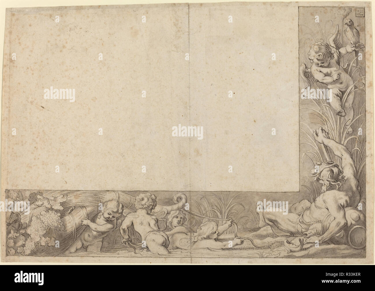 Dio fiume con putti. Dimensioni: complessiva (approssimativo): 27,2 x 36,6 cm (10 11/16 x 14 7/16 in.). Medium: Penna e inchiostro con grey wash. Museo: National Gallery of Art di Washington DC. Autore: Cornelis Schut I. Foto Stock