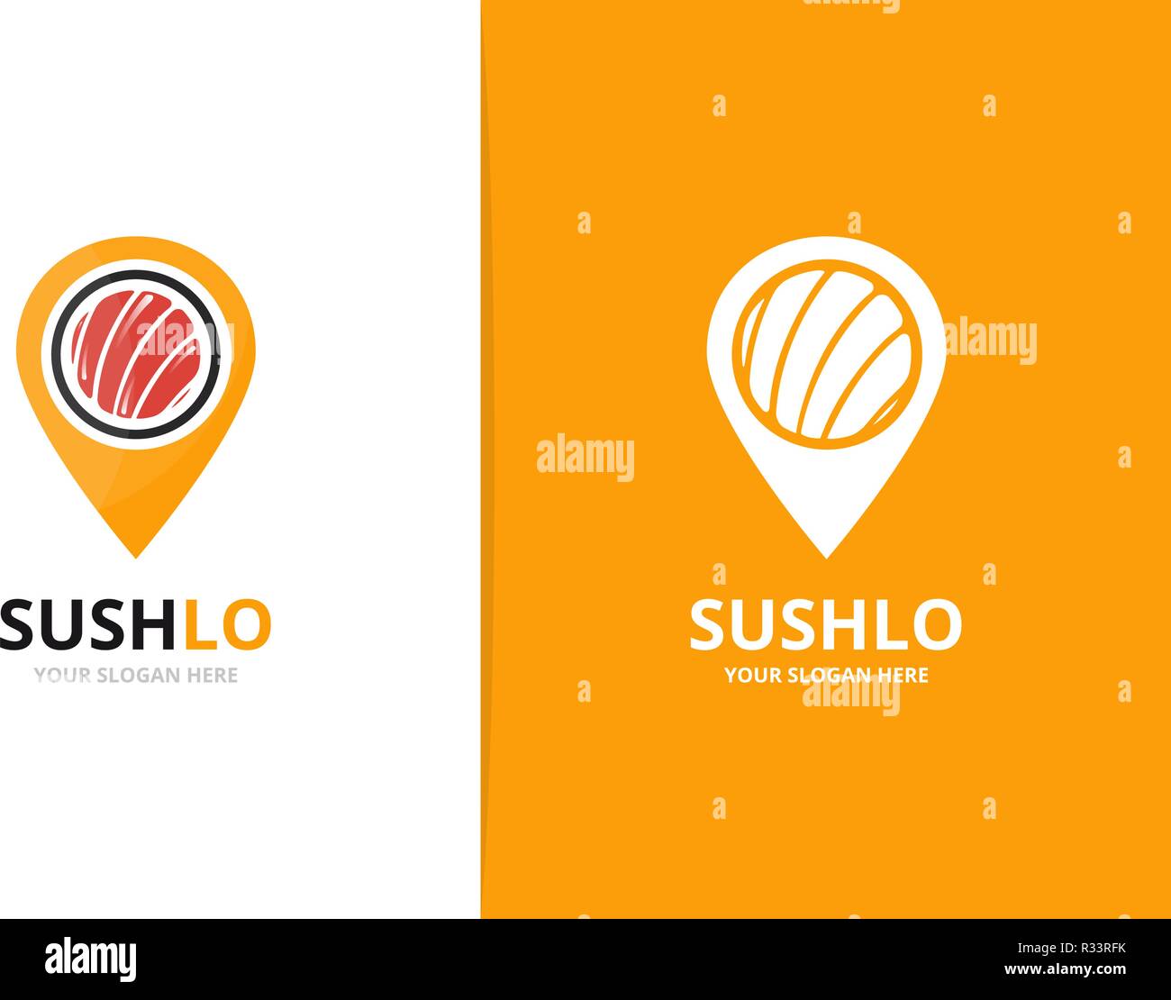 Vettore il sushi e il puntatore mappa combinazione di logo. Il cibo giapponese e localizzatore GPS di simbolo o icona. Frutti di mare unico e il pin logotipo di modello di progettazione. Illustrazione Vettoriale