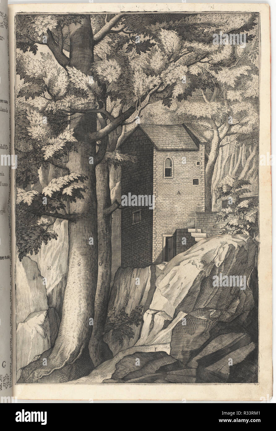 Vista esterna della Cappella del Cardinale (Veduta esterna della cappella del cardinale). Data: 1612. Dimensioni: libro: 43,3 × 30 × 1,8 cm (17 1/16 × 11 13/16 × 11/16 in.). Media: 1 disegni incisi con un inciso overslip che mostra l'aggiunta di una roccia sul retro delle scale e cascata. Museo: National Gallery of Art di Washington DC. Autore: Lino Moroni. Foto Stock