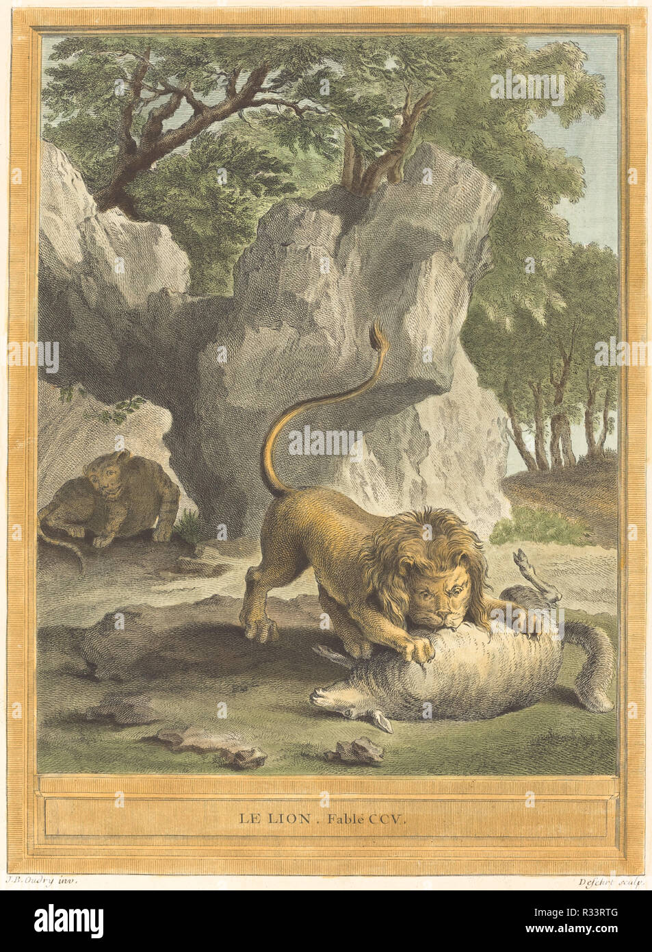 Le lion (il leone). Data: pubblicato 1759. Medium: colorata a mano in attacco. Museo: National Gallery of Art di Washington DC. Autore: A. -J. de Fehrt dopo Jean-Baptiste Oudry. Foto Stock