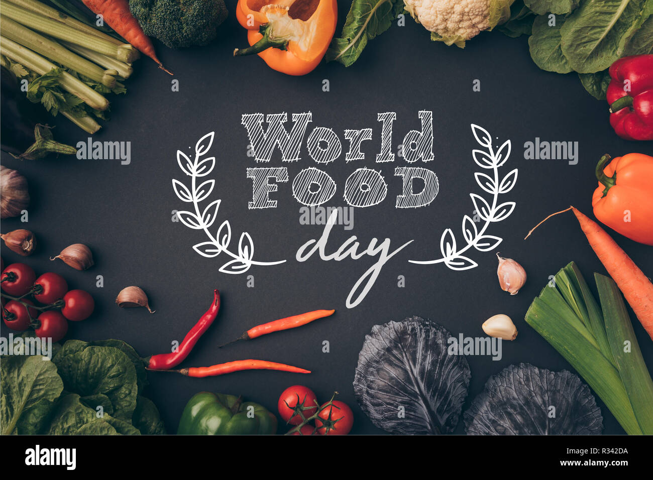 Vista superiore della verdura matura sulla tabella grigia, giornata mondiale dell'alimentazione Foto Stock