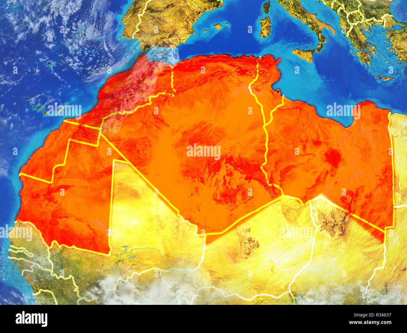 Regione del Maghreb dallo spazio sul modello del pianeta Terra con i confini. Dettagli estremamente fini del pianeta superficie e nuvole. 3D'illustrazione. Elementi Foto Stock