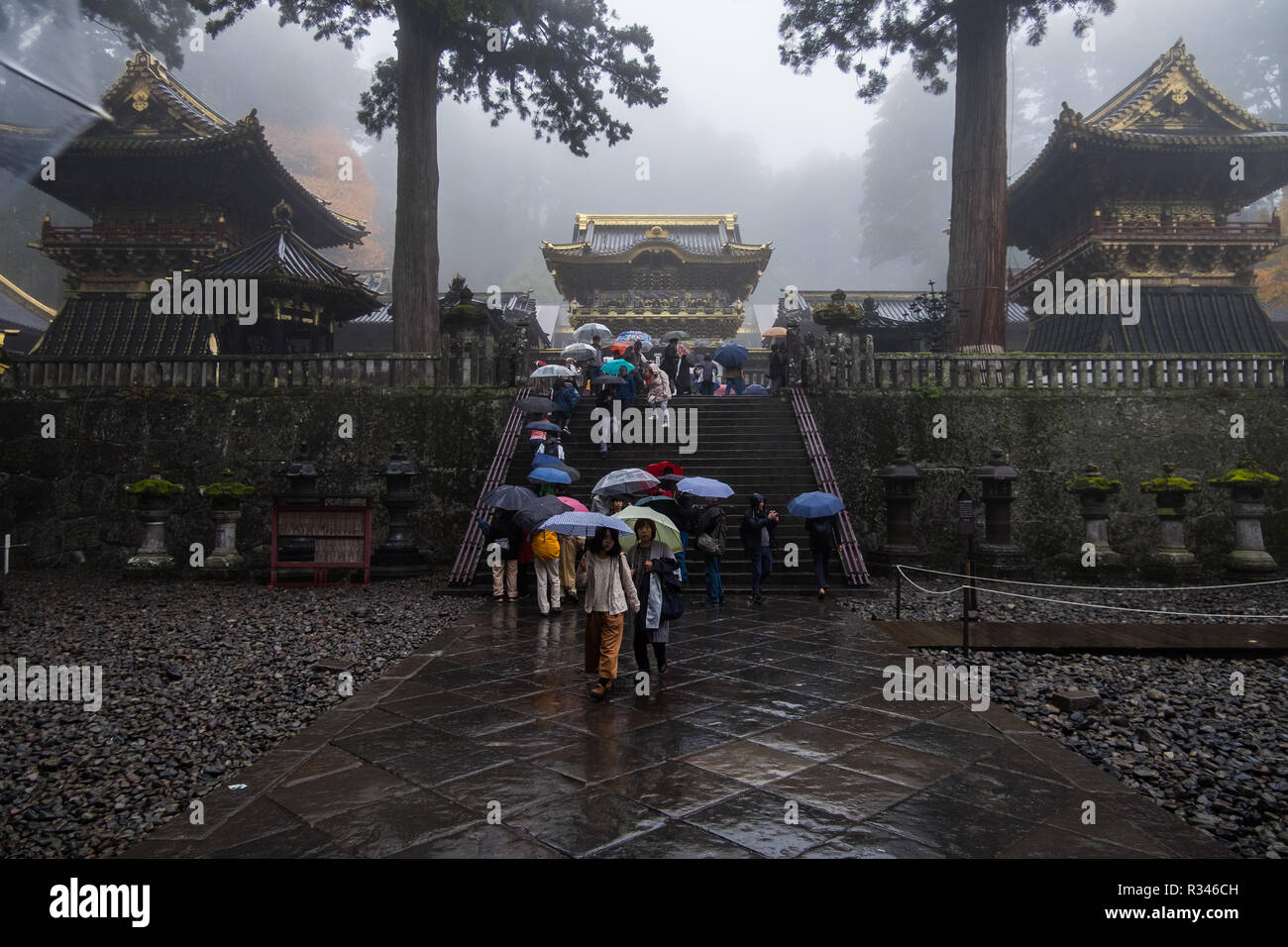 Persone con ombrelloni a piedi fino alla scalinata di pietra di Yomeimon a Toshogu in Nikko, Giappone. Foto Stock