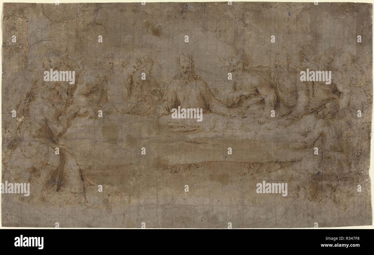 L'Ultima Cena. Data: a metà del XVI secolo. Dimensioni: complessivo: 26 x 43 cm (10 1/4 x 16 15/16 in.). Medium: Penna e inchiostro bruno con lavaggio marrone e bianco squadrato aumentava in gesso nero su carta vergata. Museo: National Gallery of Art di Washington DC. Autore: italiano del XVI secolo. Foto Stock