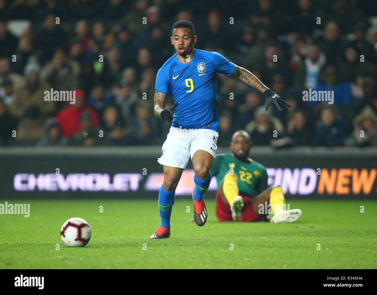 Milton Keynes, Inghilterra - Novembre 20, 2018 Gabriel Gesù del Brasile durante la Chevrolet Brasile Global Tour amichevole internazionale tra il Brasile e venne Foto Stock