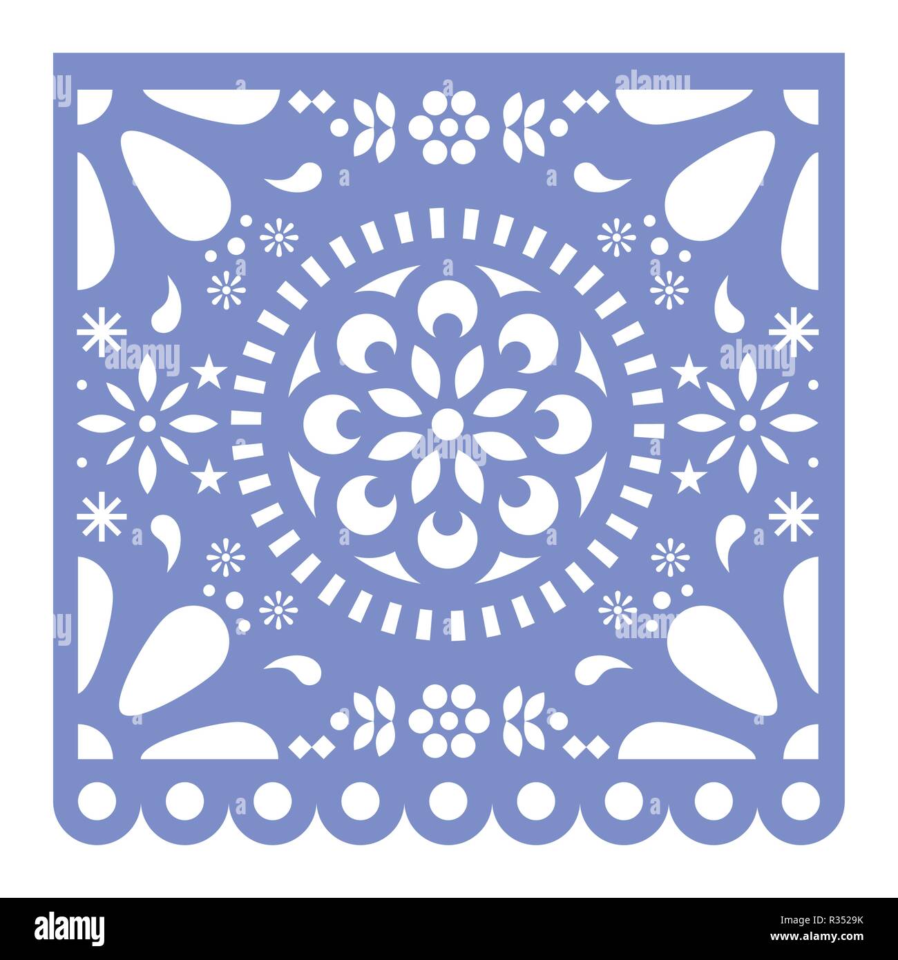 Mexican Papel Picado ritaglio disegno vettoriale, felice carta viola fiesta decorazione dal Messico con fiori e geometrici. Ritagliare la dima Illustrazione Vettoriale
