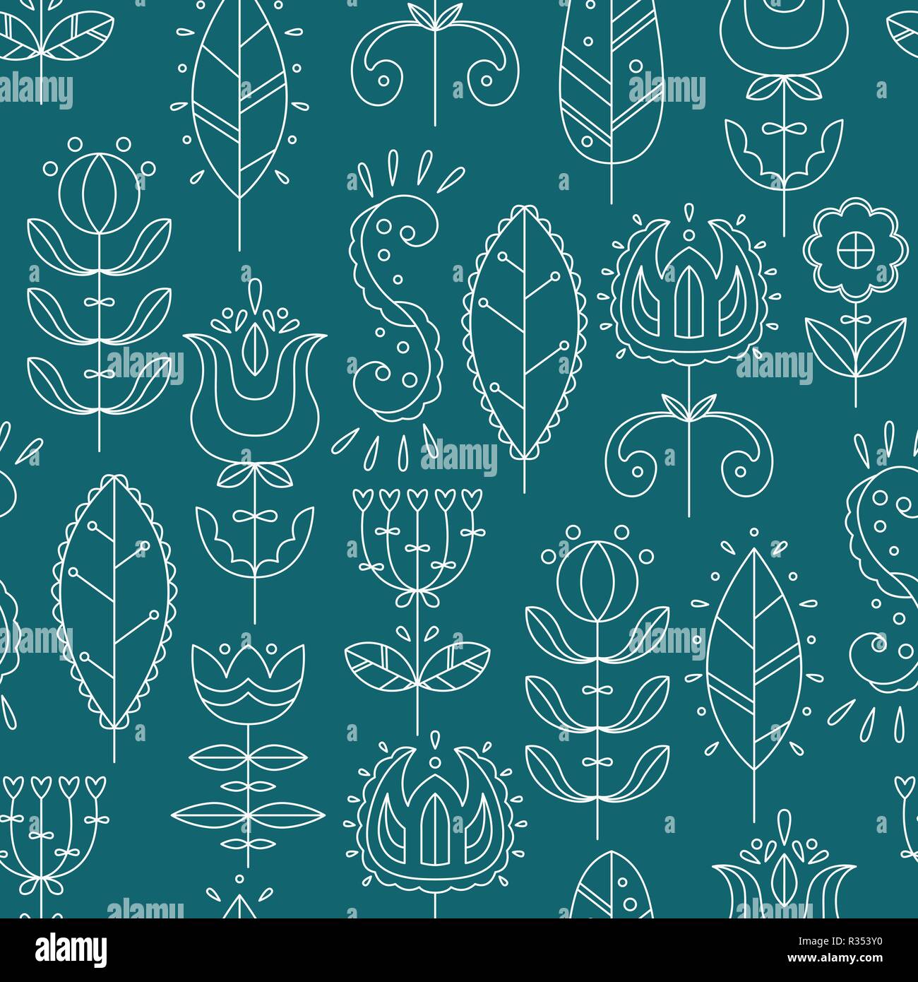 Vector seamless pattern in stile scandinavo. Line art. Fiori e scarabocchi. Illustrazione Vettoriale