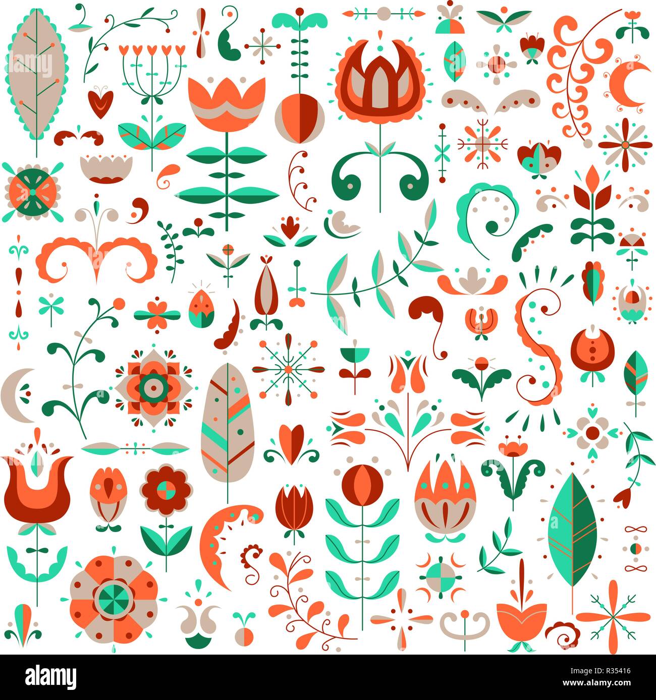 Vettore set piatto di 90 elementi scandinavi. Fiori e scarabocchi. Illustrazione Vettoriale