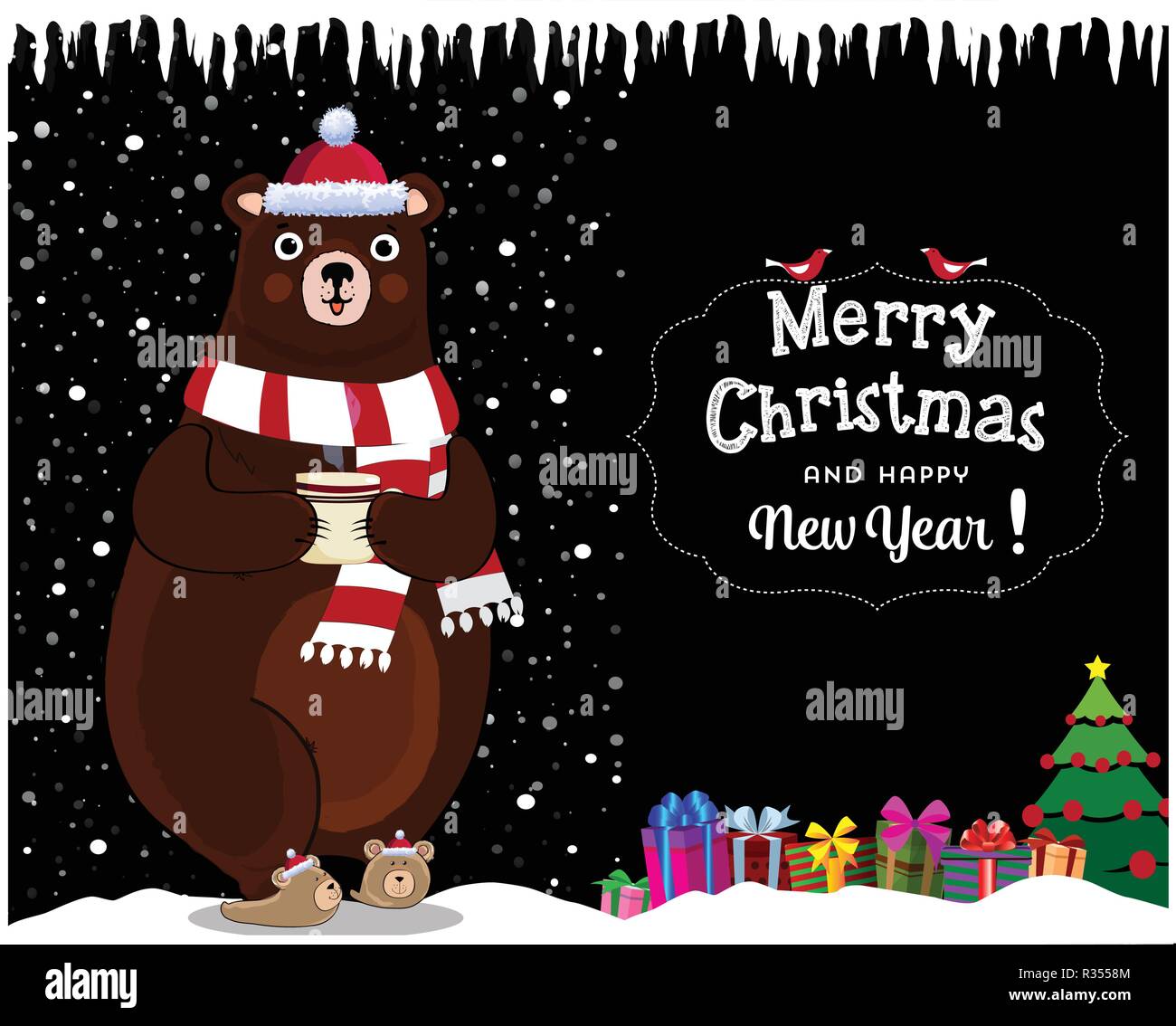 Buon Natale e felice anno nuovo biglietto di auguri di Cartoon carino  allegro recare in caratteri santa hat e sciarpa con confezione regalo su  terreni innevati notte invernale Terre Immagine e Vettoriale -