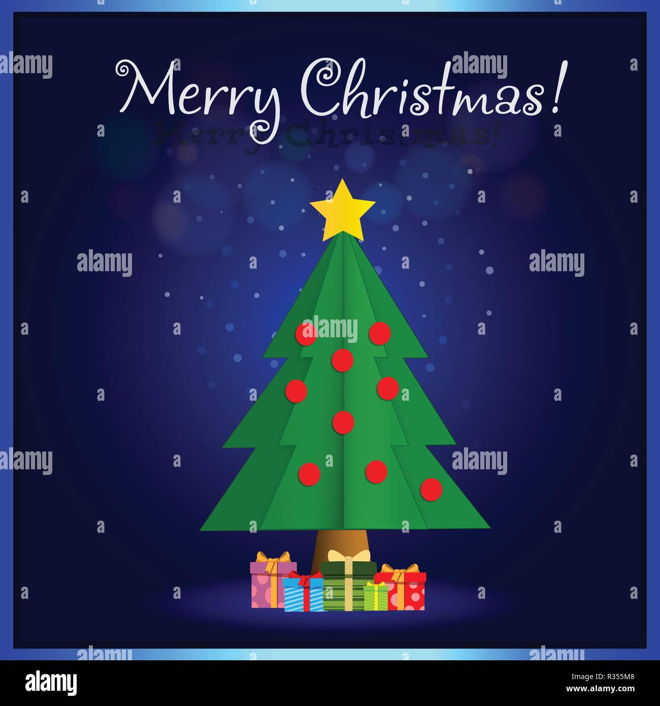 Merry Christmas greeting card di Cartoon carino abete. Star decorazioni, sfere, ghirlande e lotti di confezioni regalo spumanti sul magico sfondo incandescente Illustrazione Vettoriale