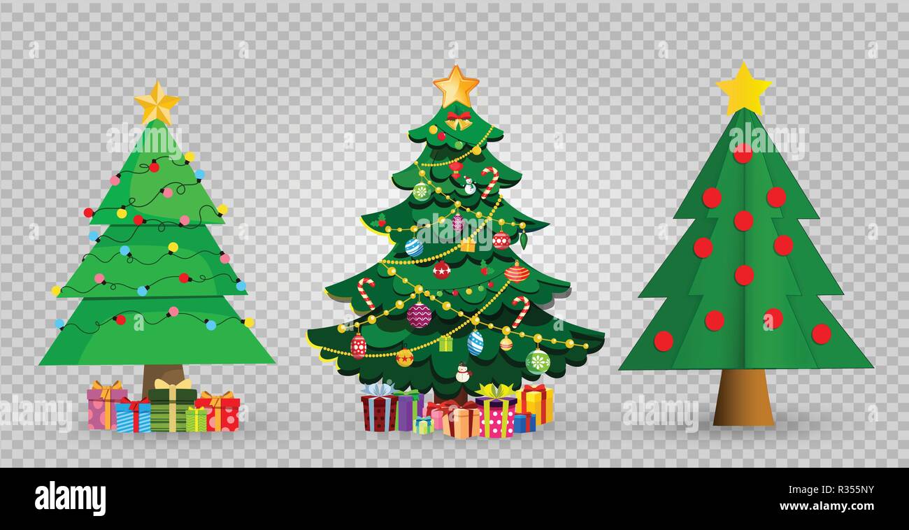 Set di Cartoon carino il Natale di abeti. Star decorazioni, sfere, ghirlande e lotti di confezioni regalo isolato su sfondo trasparente. Vector illustrat Illustrazione Vettoriale