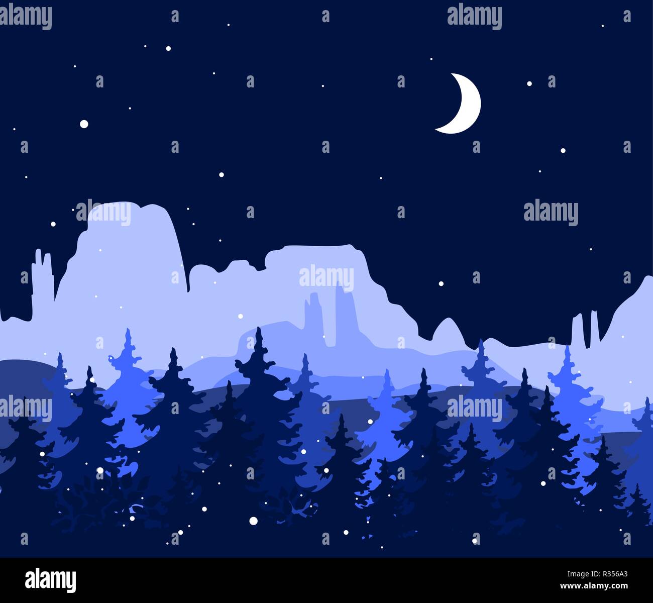 Abstract sfondo con montagne e alberi. Deserto di foresta e la magia del paesaggio invernale. Modello per la progettazione di opere Illustrazione Vettoriale