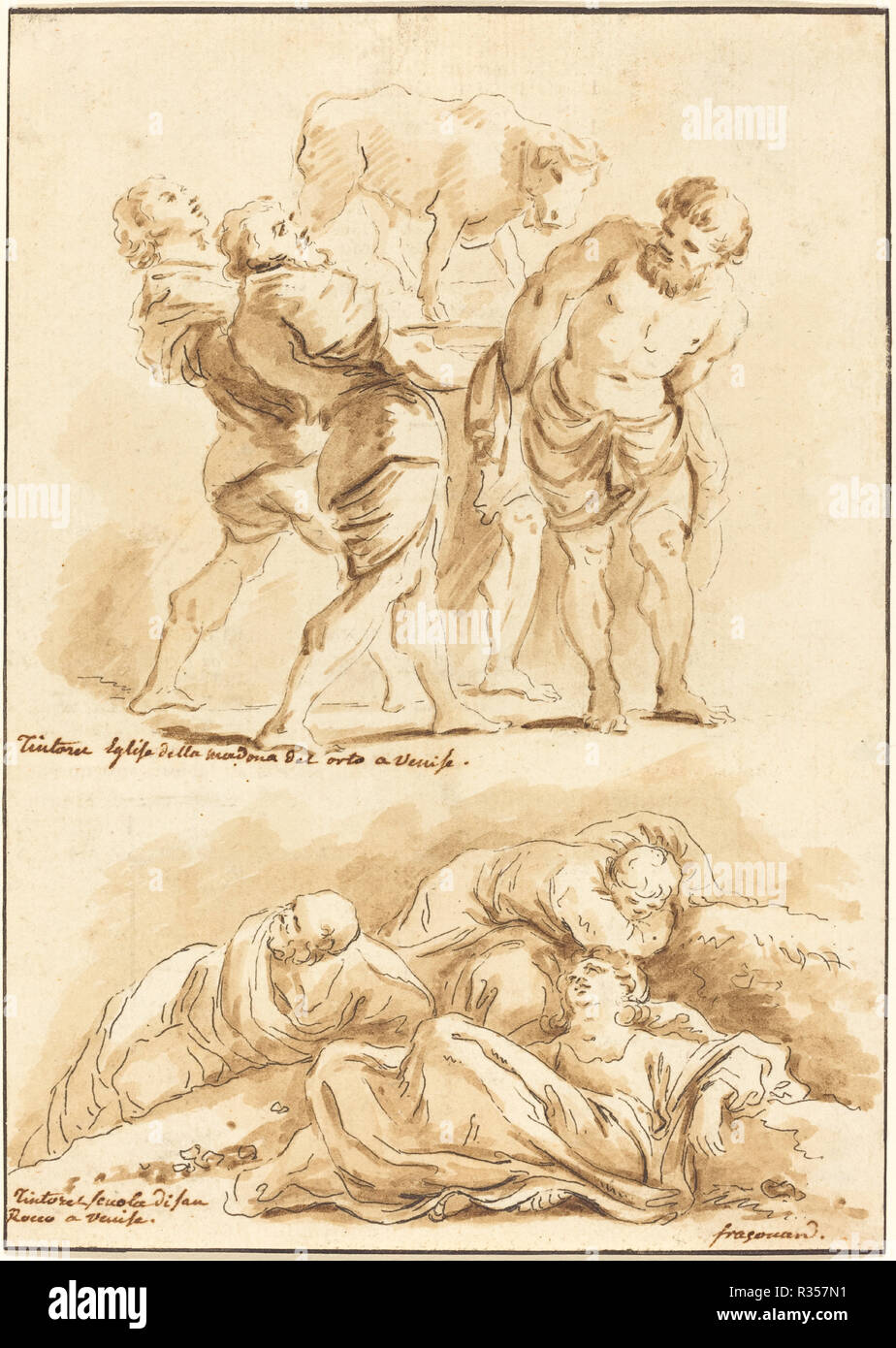 Il culto del vitello d'oro e di Cristo sul monte degli Ulivi. Data: 1775. Dimensioni: foglio (rifilato entro la piastra mark): 18,6 x 13,2 cm (7 5/16 x 5 3/16 in.). Medium: counterproof un attacco rettificate in lavaggio marrone su cui la carta. Museo: National Gallery of Art di Washington DC. Autore: Jean Claude Richard de Saint-Non dopo Jean-Honoré Fragonard dopo Jacopo Tintoretto. Foto Stock