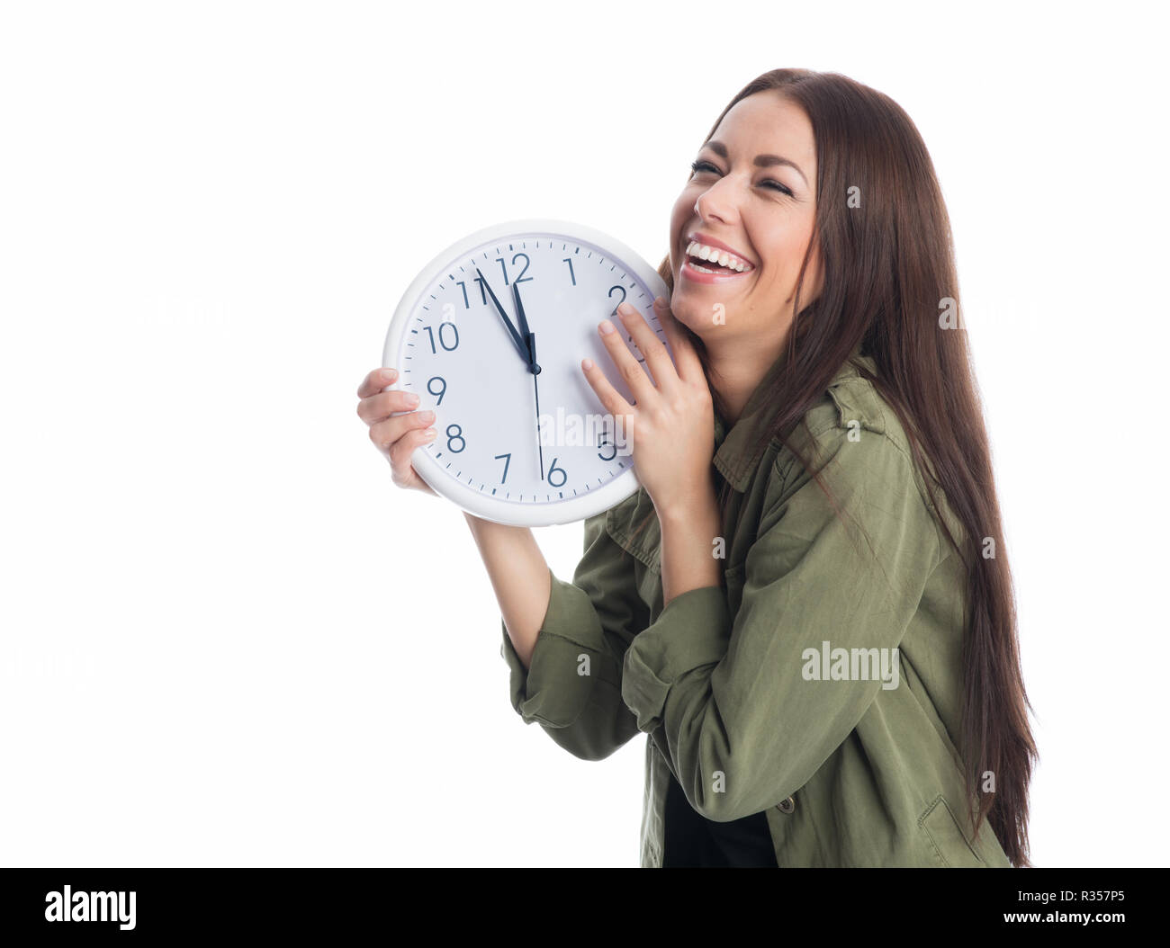 Ridendo donna con orologio Foto Stock