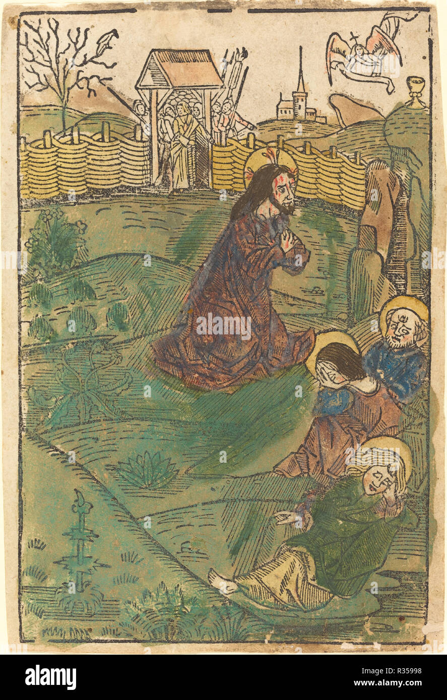 Cristo sul monte degli Ulivi. Data: c. 1490. Medium: xilografia, colorate a mano in verde, carmine, rosa, giallo, grigio, blu e marrone. Museo: National Gallery of Art di Washington DC. Autore: tedesco del XV secolo. Foto Stock