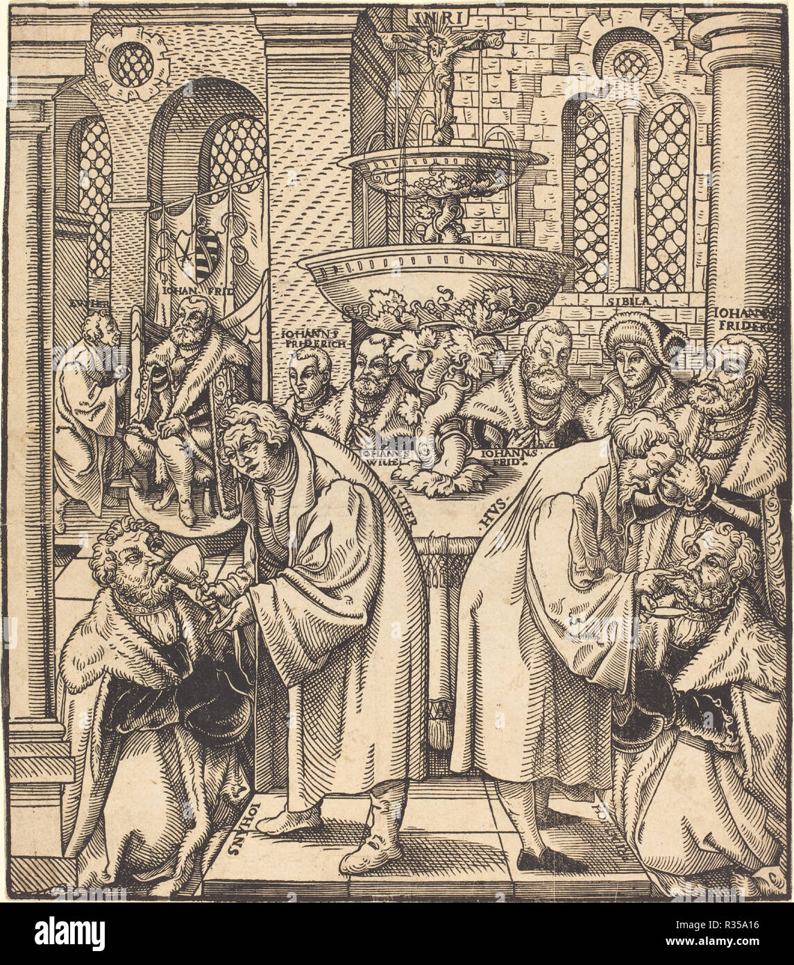 I Riformatori Lutero e Hus di dare la comunione ai capi della casa di Sassonia. Dimensioni: immagine: 28 x 24,5 cm (11 x 9 5/8 in.). Medium: xilografia. Museo: National Gallery of Art di Washington DC. Autore: Cranach il Vecchio, Lucas. Foto Stock