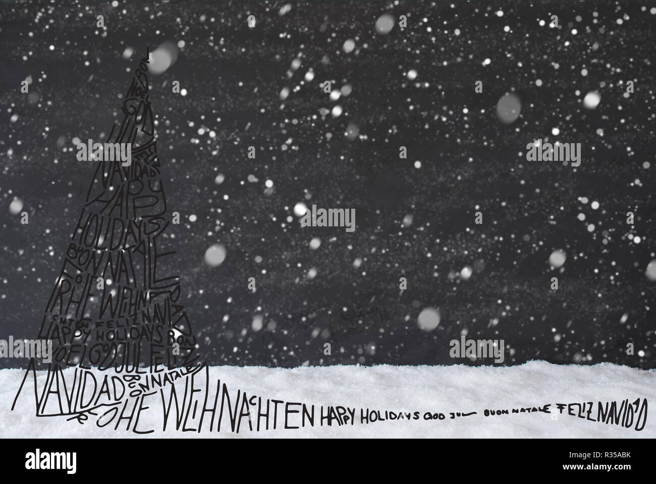 Schizzo di albero di Natale, Calligrafia Merry Christmas, fiocchi di neve Foto Stock