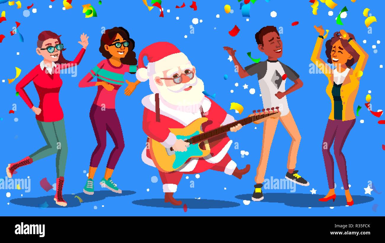 Santa Claus ballando con un gruppo di persone e la chitarra in mani. Divertirsi in ufficio aziendale. Festa di Natale Poster illustrazione vettoriale Illustrazione Vettoriale