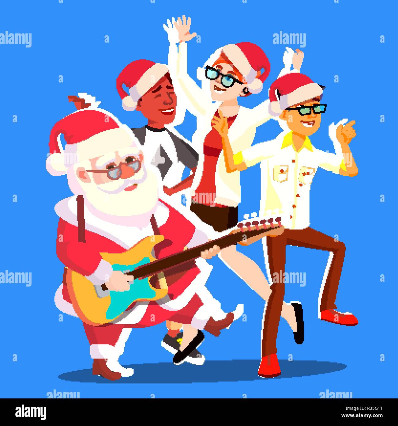 Santa Claus ballando con un gruppo di persone e la chitarra in mani. Festa di Natale illustrazione vettoriale Illustrazione Vettoriale