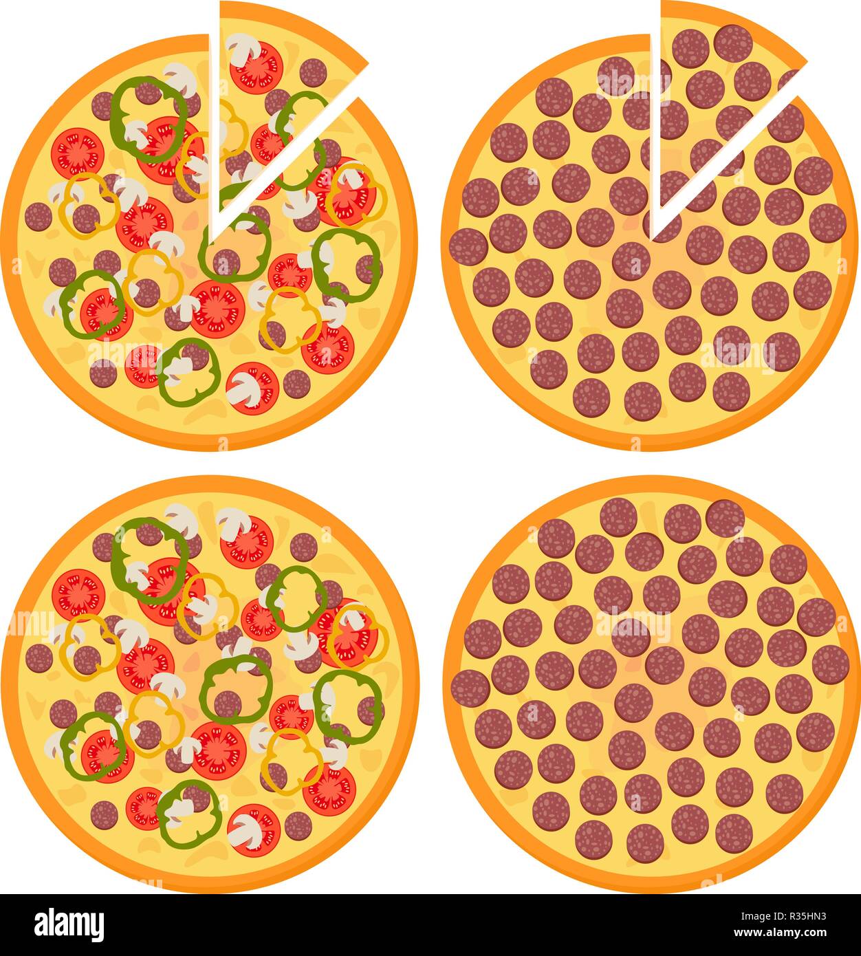 Set di pizza con pomodori, formaggio, funghi e salsiccia per pizza Pizza, vista dall'alto. Illustrazione Vettoriale su sfondo bianco Illustrazione Vettoriale