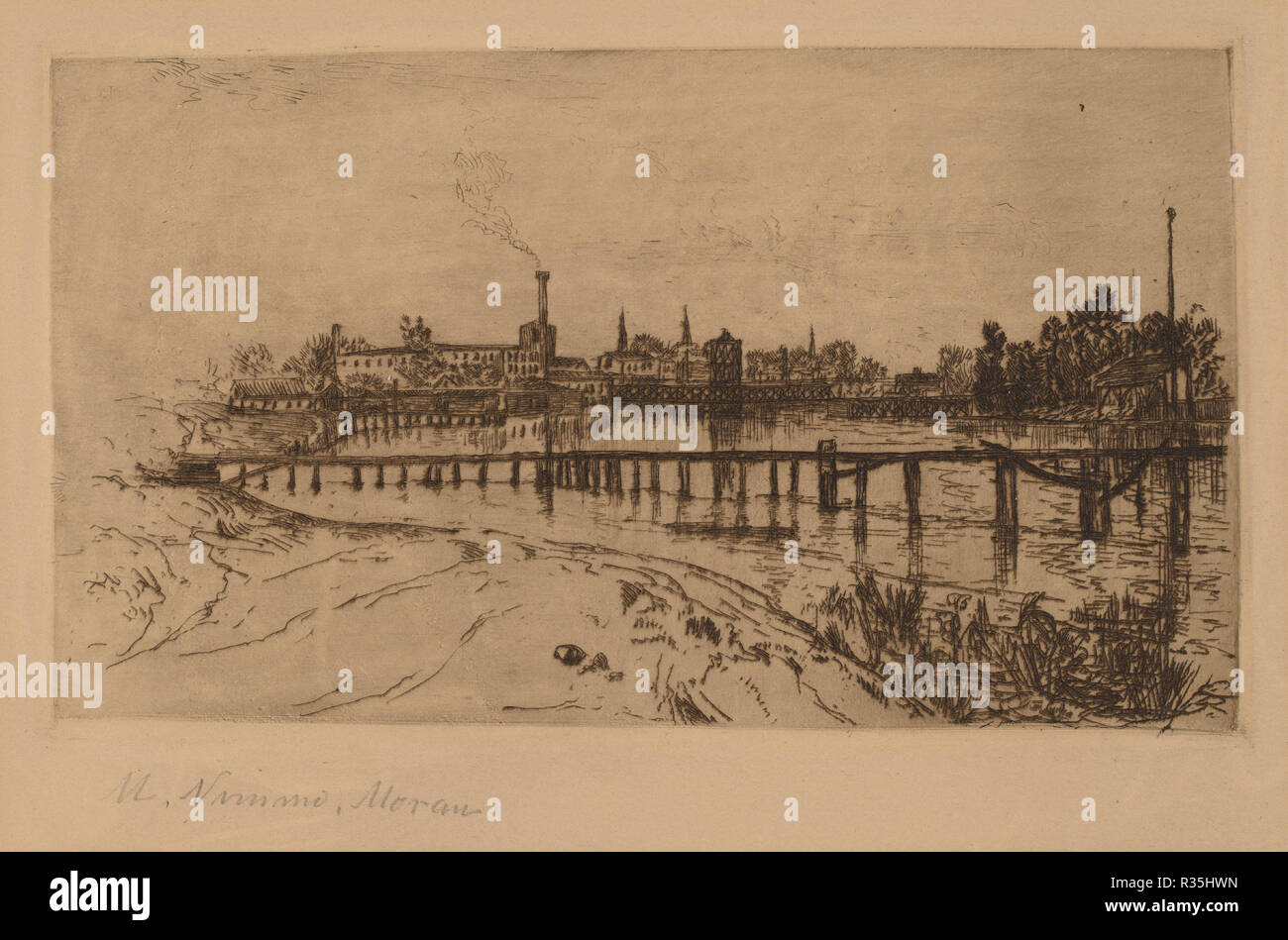 Newark, N.J., dal Passaic. Data: 1879. Dimensioni: piastra: 10,5 x 18 cm (4 1/8 x 7 1/16 in.) foglio: 23,8 x 31,7 cm (9 3/8 x 12 1/2 in.). Medium: attacco in marrone su carta intessuta. Museo: National Gallery of Art di Washington DC. Autore: Maria Nimmo Moran. Foto Stock