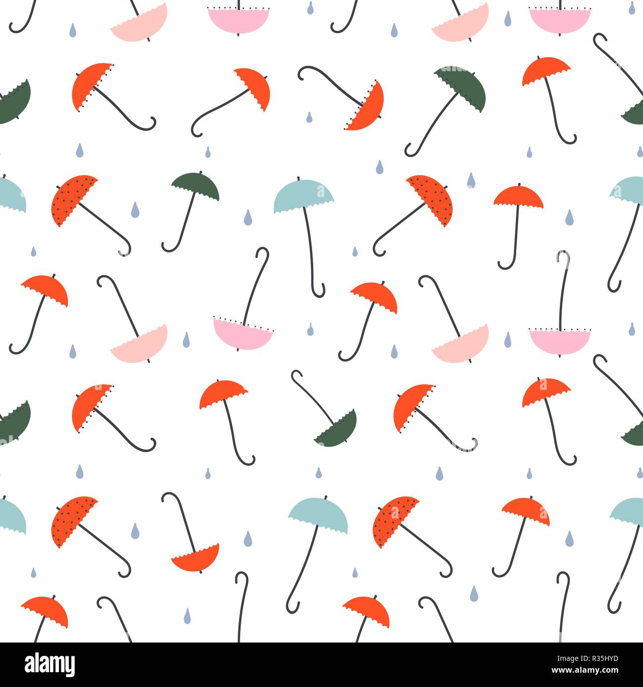 Ombrelloni - seamless pattern. Piccoli ombrelloni colorati, le gocce di pioggia. Disegno in stile retrò. Sfondo o tessitura di carta tissue, ecc. Illustrazione Vettoriale