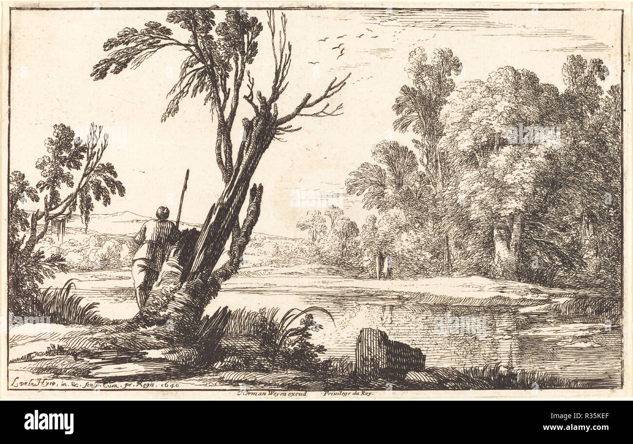 Un uomo ammirare ancora un laghetto. Data: 1640. Medio: l'attacco. Museo: National Gallery of Art di Washington DC. Autore: Laurent de La Hyre. Foto Stock