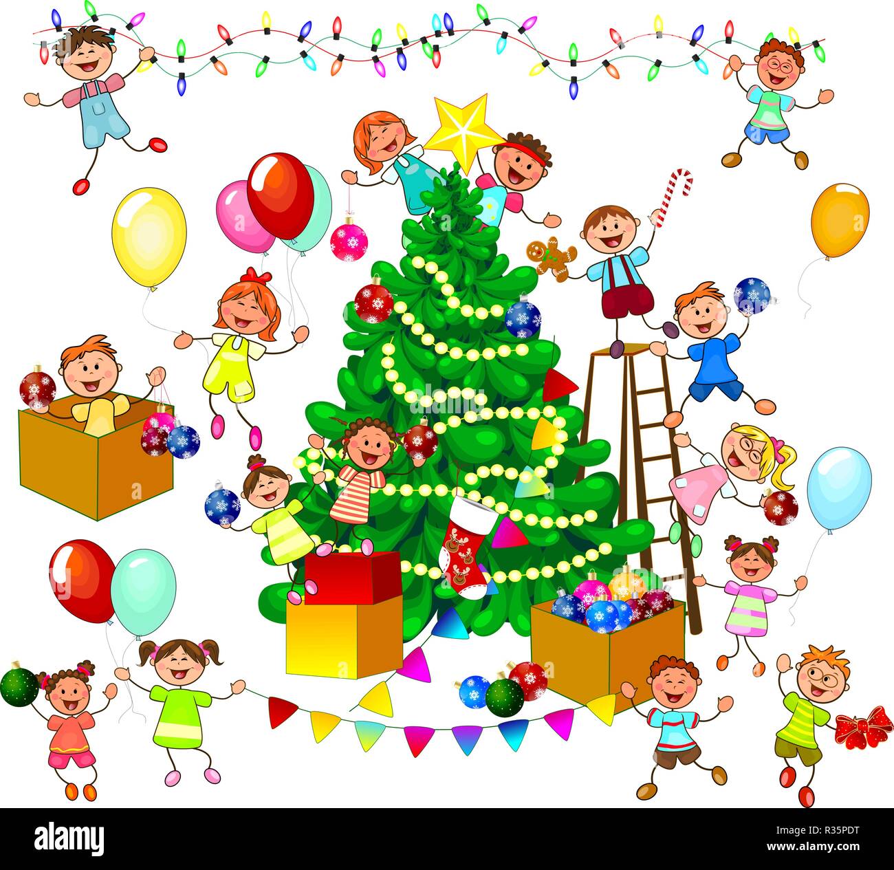 Gioiosi figlioli decorare l'albero di Natale. Un gruppo di allegro, sorridente i bambini su uno sfondo bianco. Illustrazione Vettoriale