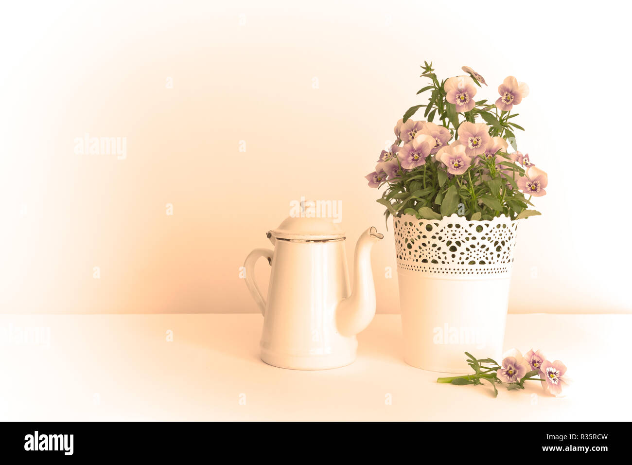 Viola, blu e lilla pansy fiori in un bel vaso con una brocca smaltata su sfondo bianco, copia spazio, vintage effetto filtro Foto Stock