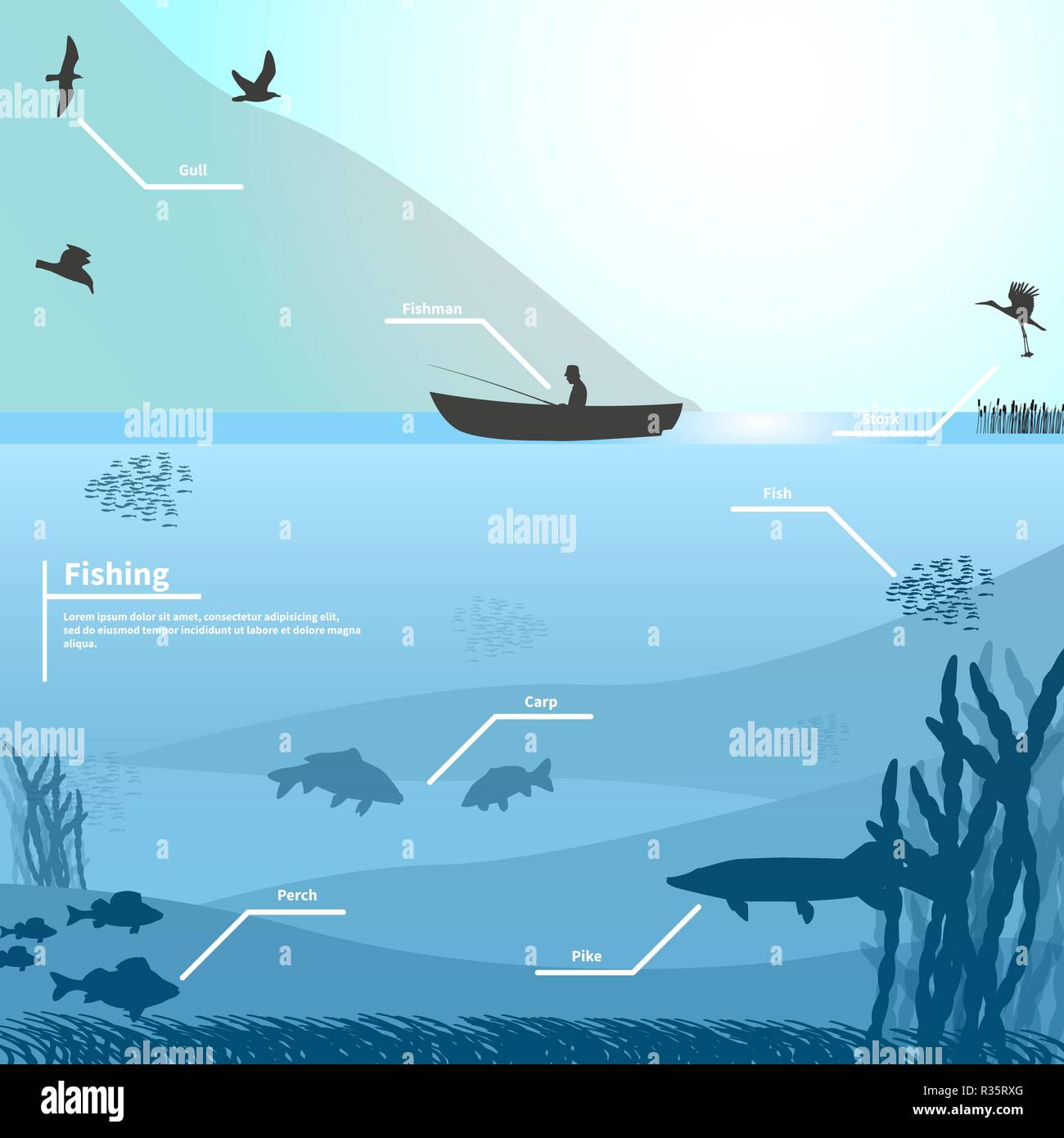 Pescatore in pesci in barca sul lago Illustrazione Vettoriale