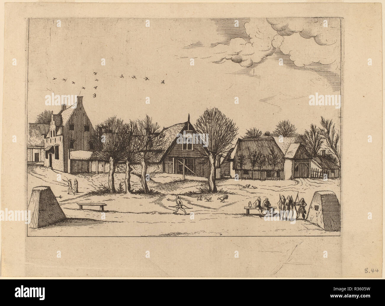 Country Village. Data: pubblicato 1559/1561. Medio : incisione ritoccate con incisione. Museo: National Gallery of Art di Washington DC. Autore: Johannes van Doetechum, il sambuco e Lucas van Doetechum dopo il Master del piccolo paesaggi. Foto Stock