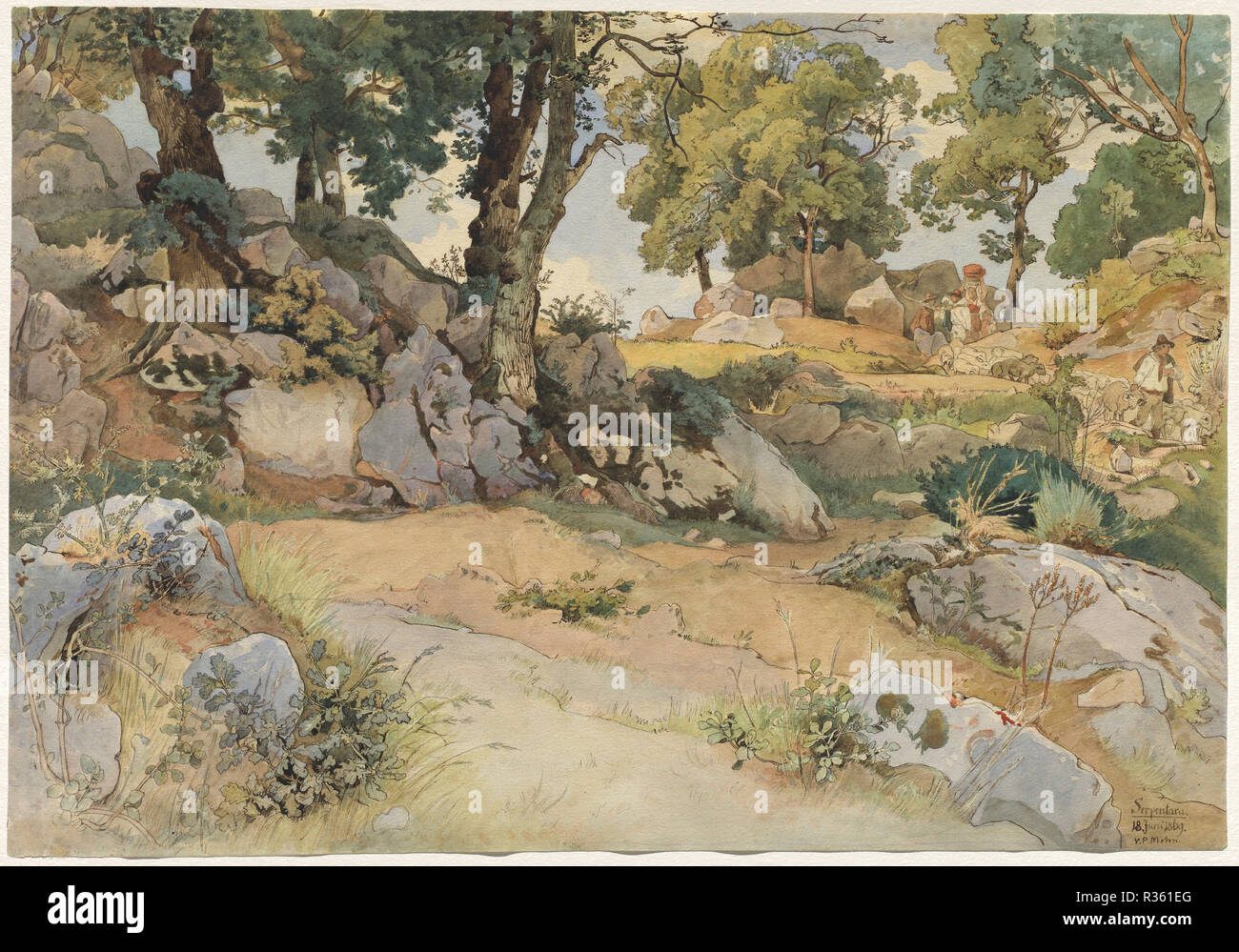 Rocce e querce di Serpentara. Data: 1869. Medium: Penna e inchiostro bruno con acquarello su Grafite su carta intessuta. Museo: National Gallery of Art di Washington DC. Autore: Victor Paul Mohn. Foto Stock