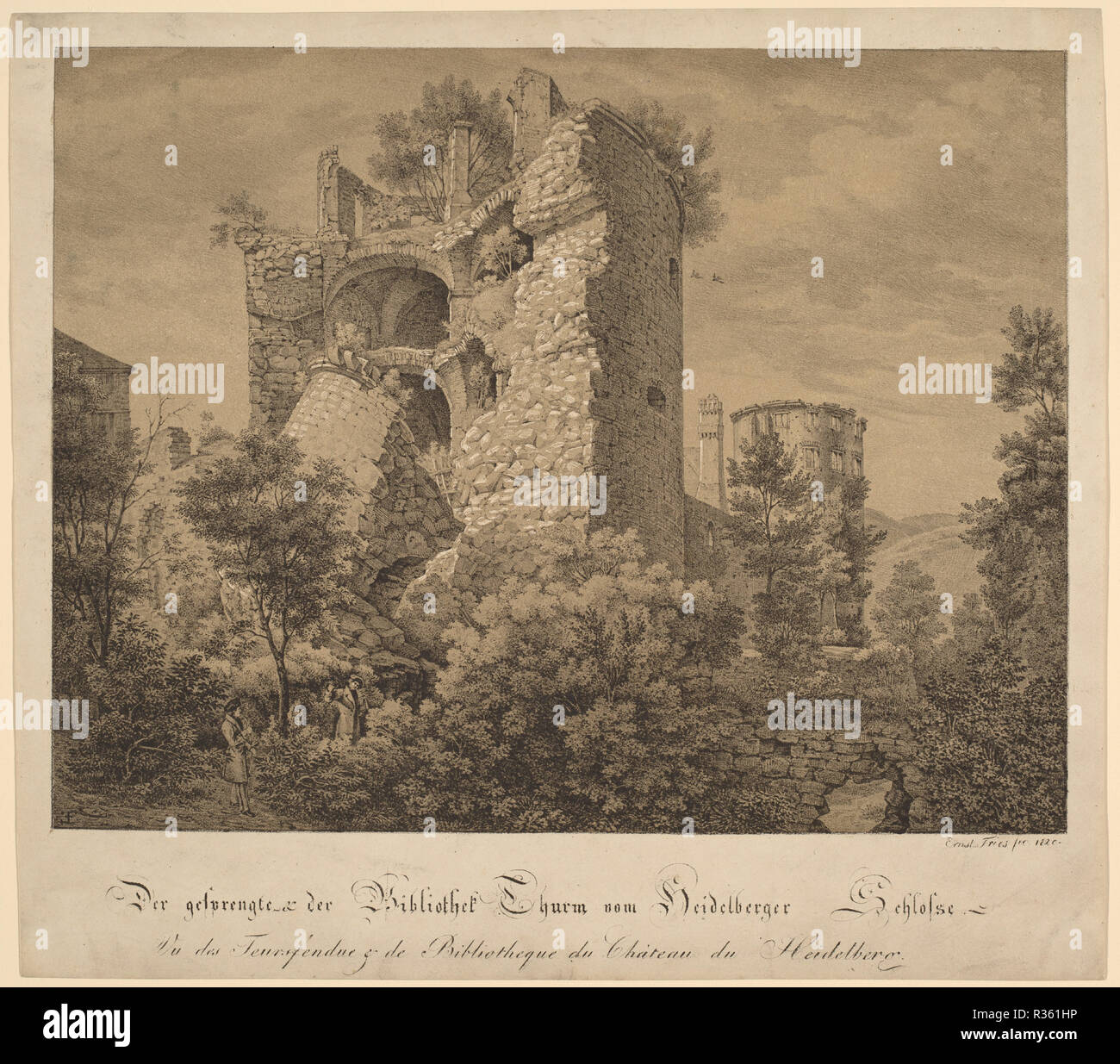 Der Gesprengte und der Bibliotheke Thurm von Heidelberger Schloss (la torre esplosa e la biblioteca del castello di Heidelberg). Data: 1820. Dimensioni: IMMAGINE: 26,3 × 34 cm (10 3/8 × 13 3/8 in.) foglio: 32,8 × 36,6 cm (12 15/16 × 14 7/16 in.). Medium: litografia con il tono della piastra sulla carta intessuta. Museo: National Gallery of Art di Washington DC. Autore: Ernst Fries. Foto Stock