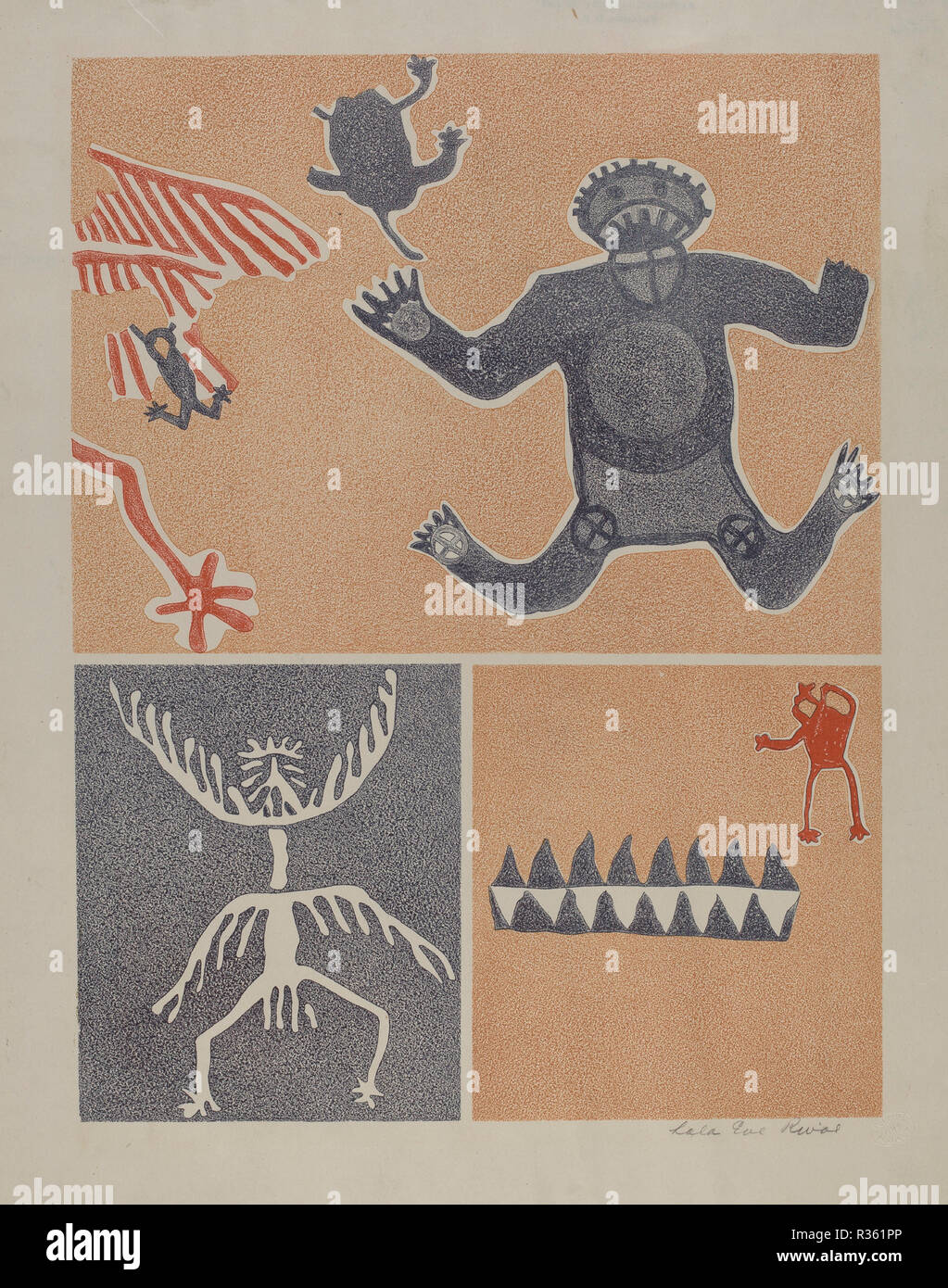 Petroglyph - figure umane. Data: 1935/1942. Dimensioni: complessivo: 37,1 x 28,1 cm (14 5/8 x 11 1/16 in.) in generale: 45,2 x 37,3 cm (17 13/16 x 14 11/16 in.). Medium: litografia su carta. Museo: National Gallery of Art di Washington DC. Autore: Lala Vigilia Rivol. Foto Stock