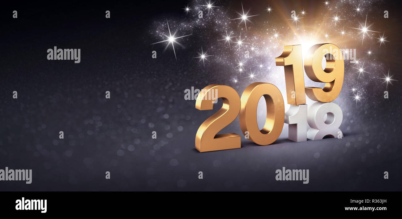 Anno nuovo numero data 2019 colorati in oro, al di sopra di fine anno 2018, scintillanti su una festosa sfondo nero - 3D illustrazione Foto Stock
