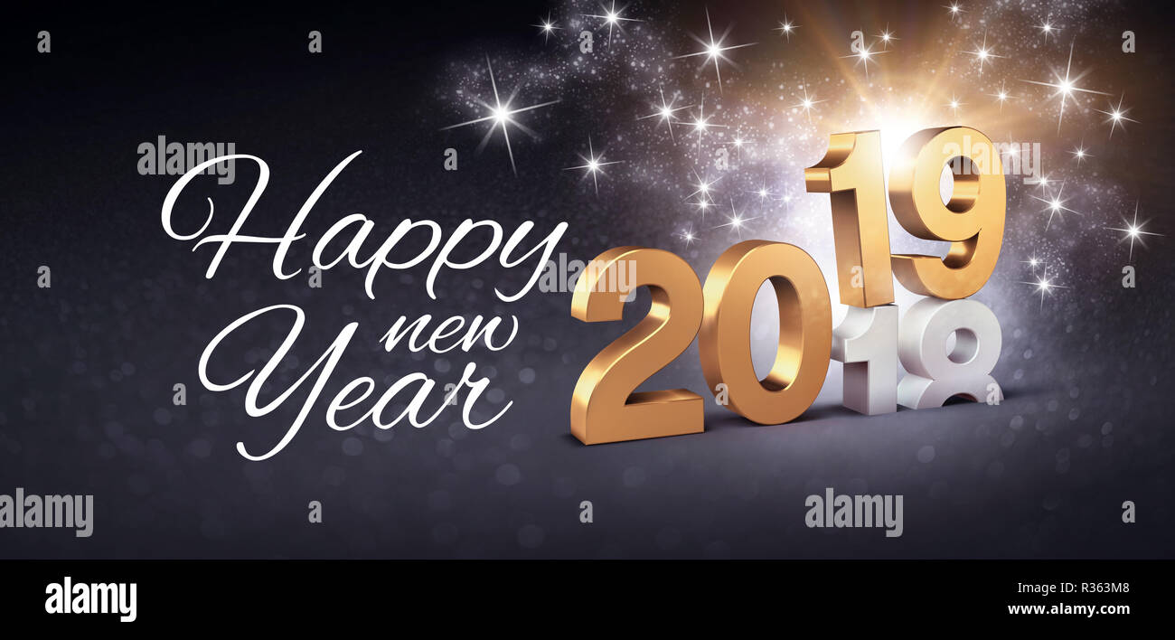 Saluti felice nuovo anno e numero data 2019 colorati in oro, al di sopra di fine anno 2018, scintillanti su una festosa sfondo nero - 3D illustrazione Foto Stock