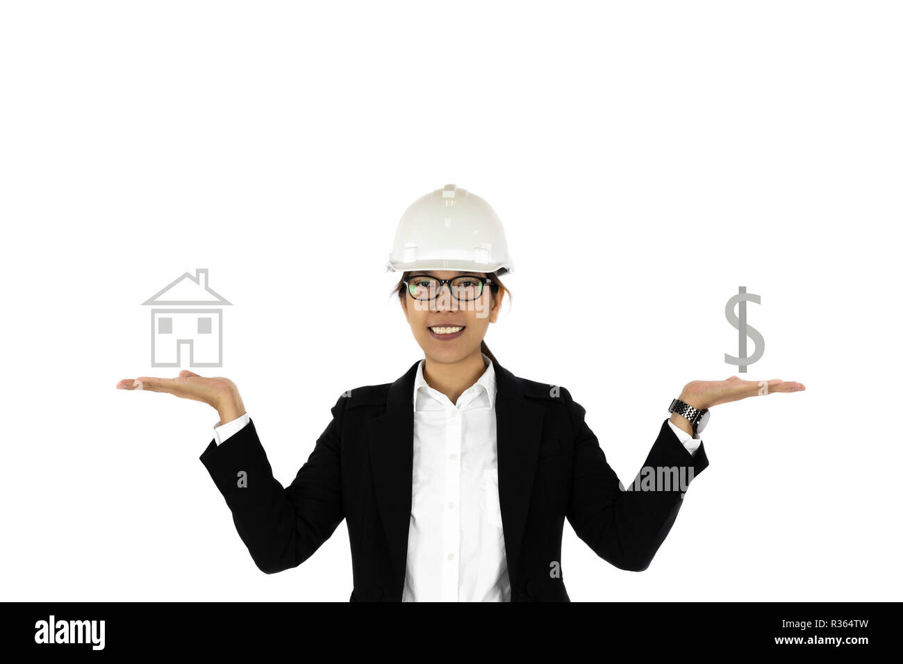 Donna costruzione mano azienda casa e icona di dolla concettuale di segno Foto Stock