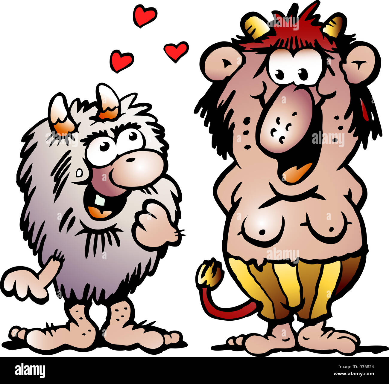 Fumetto illustrazione vettoriale di due buffi gnomi o mostri troll cadere in amore Foto Stock