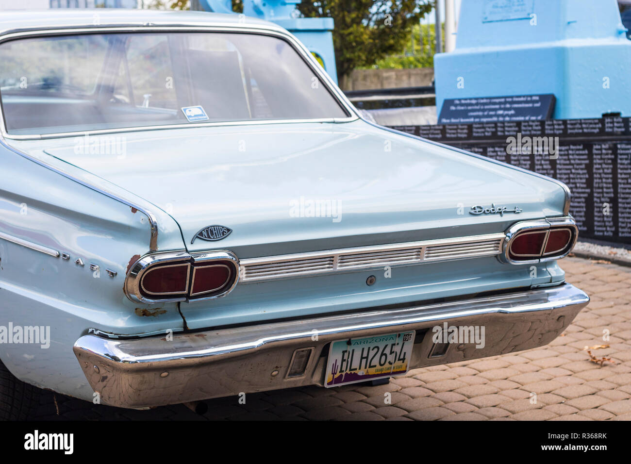 Blu polvere 1965 Dodge Dart, rock star Kurt Cobain dell'auto, concetto di celebrità, oldtimer concetto, sessanta memorabilia, persone famose, saloon, Nirvana Foto Stock