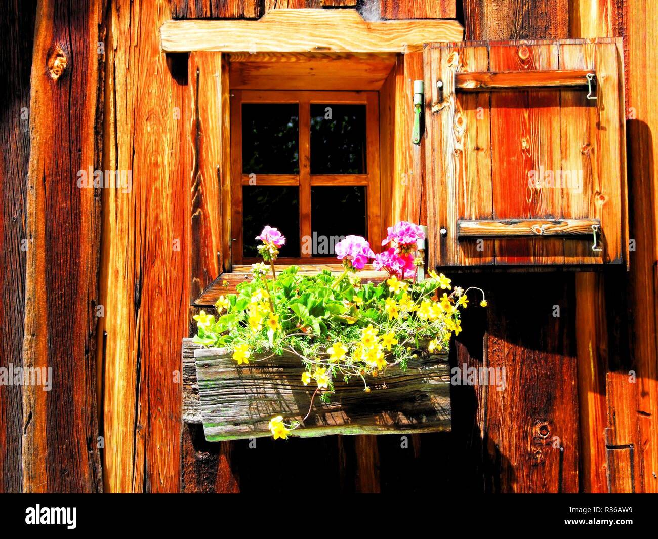 Accoglienti malghe windows con fiori - Rifugio thorner Foto Stock