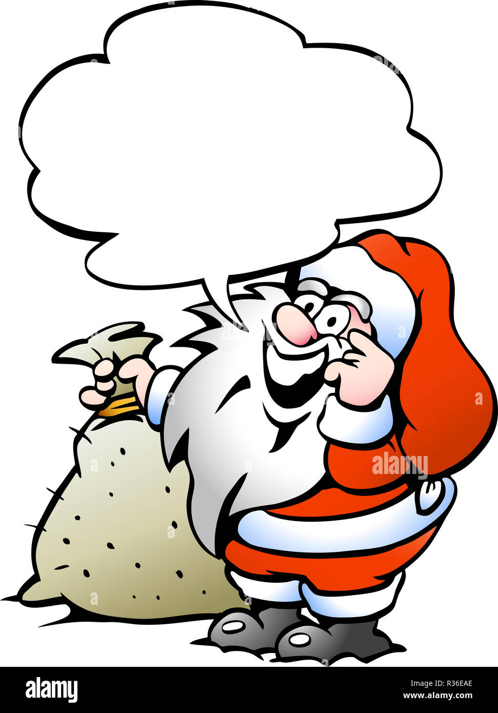 Disegnate a mano illustrazione vettoriale di una felice Santa con un sacco Foto Stock