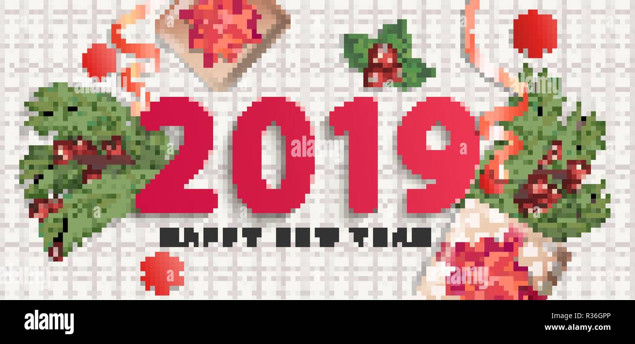 2019 Anno Nuovo biglietto di auguri su sfondo a maglia. Pagina di intestazione per le vacanze di Natale con elementi tradizionali-confezione regalo con fiocco rosso, candy cane, ramo, nastro, vischio, fiocchi di neve. Illustrazione Vettoriale Illustrazione Vettoriale