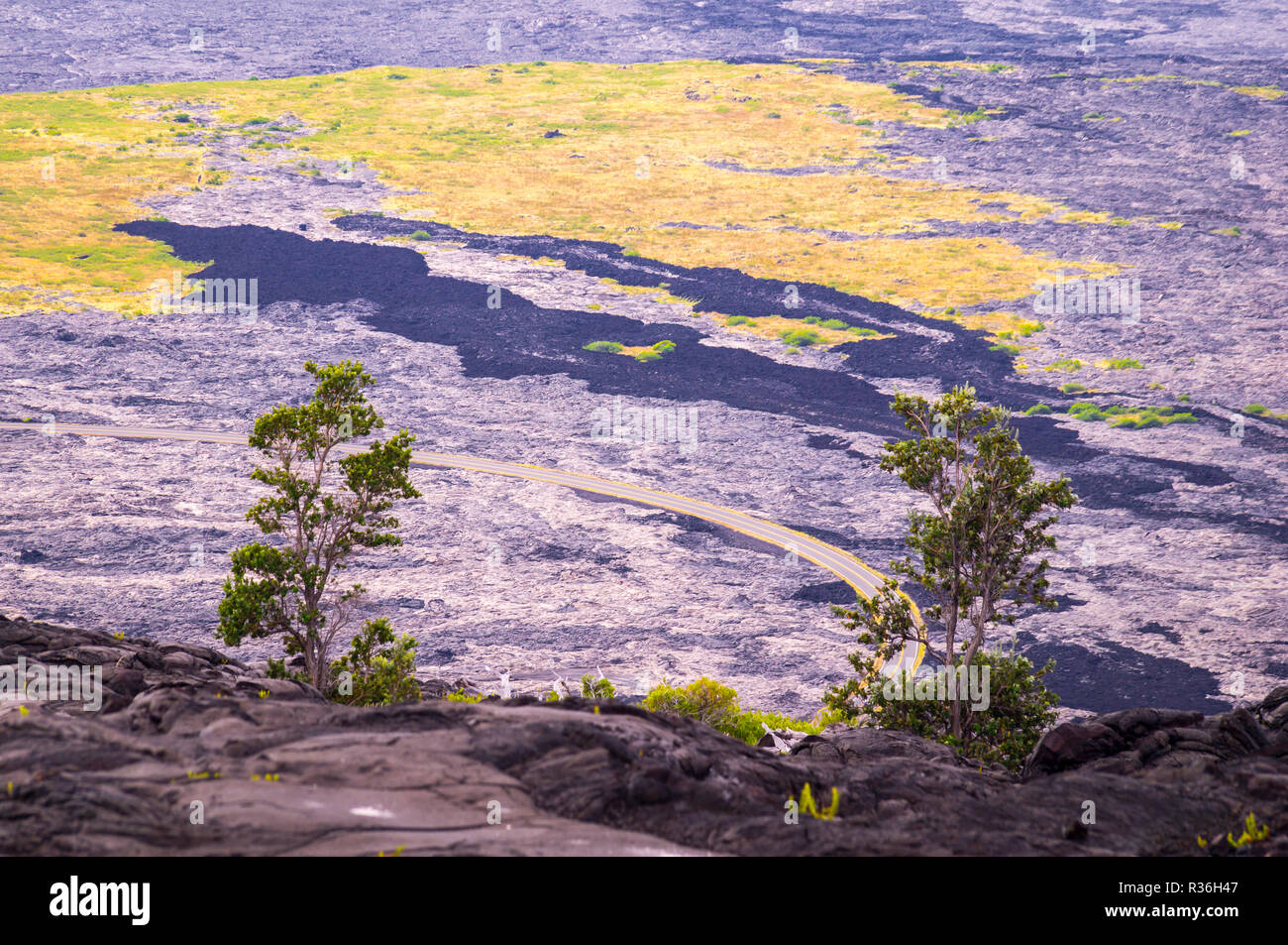 Paesaggio vulcanico nel Parco Nazionale dei Vulcani, Big Island delle Hawaii,: negli anni ottanta la strada attraverso il parco nazionale è stato coperto nella lava dal vulcano Kila Foto Stock