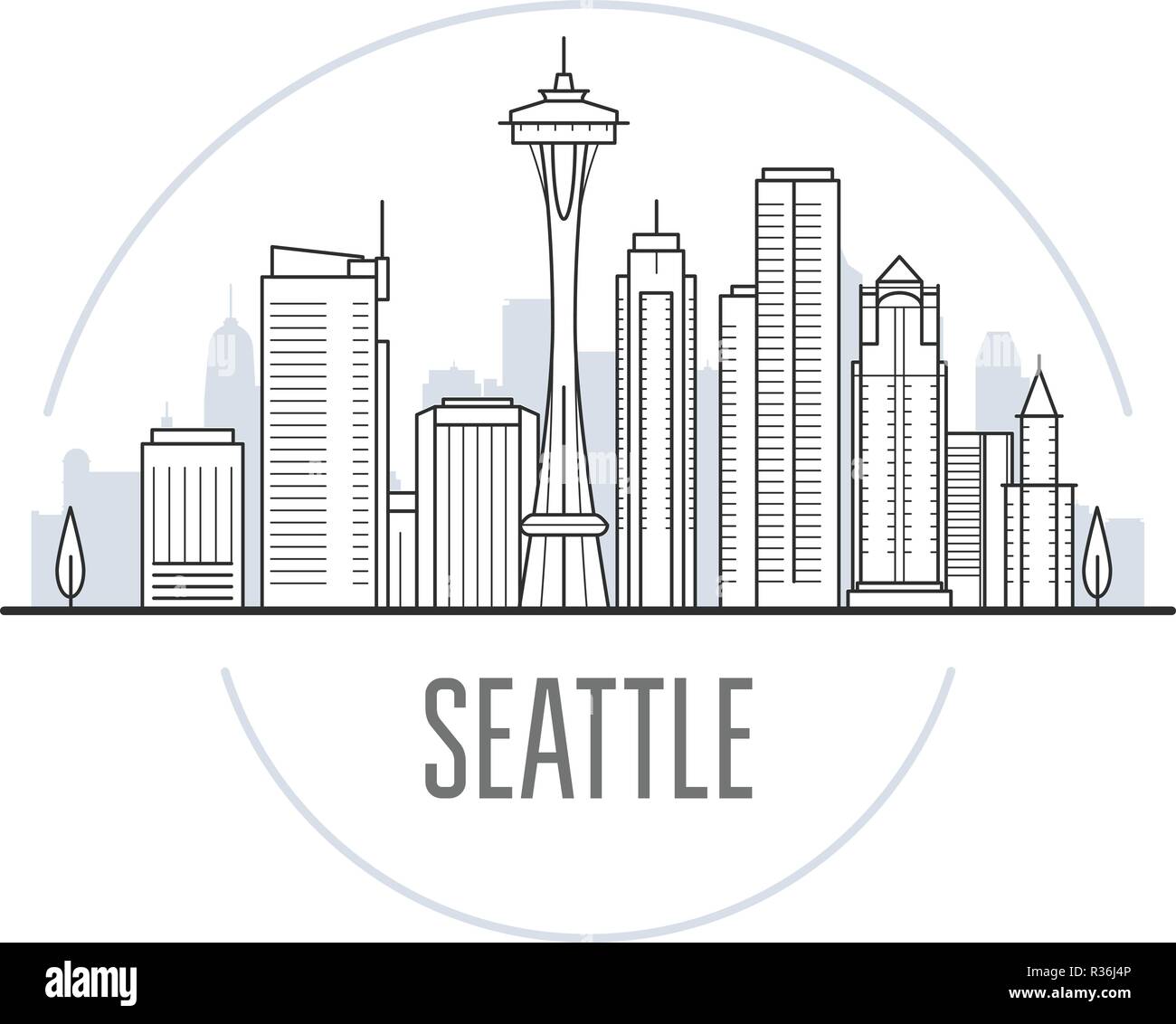 Seattle skyline della città - torri e monumenti di Seattle, cityscape Illustrazione Vettoriale