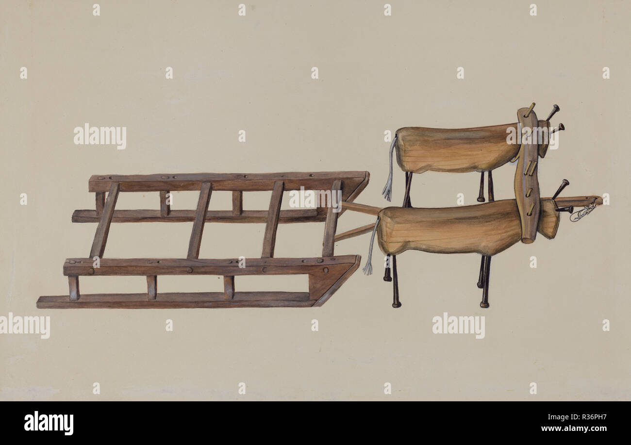 Toy slitta e buoi. Data: 1935/1942. Dimensioni: complessivo: 28,7 x 45,8 cm (11 5/16 x 18 1/16 in.) originale IAD Oggetto: slittino: 12' lungo, 6 1/2' ampia; buoi: 7' lungo, 5 1/4' tall; forcella: 11' attraverso. Medium: acquerello, grafite e gouache su cartone. Museo: National Gallery of Art di Washington DC. Author: William Curby. Foto Stock
