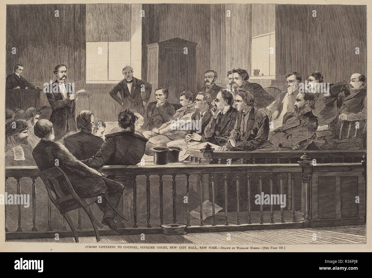 I Giurati ascoltando Counsel, Corte Suprema, la Nuova City Hall di New York. Data: pubblicato 1869. Medium: incisione su legno. Museo: National Gallery of Art di Washington DC. Autore: dopo Winslow Homer. Foto Stock I Giurati ascoltando Counsel, Corte Suprema, la Nuova City Hall di New York. Data: pubblicato 1869. Medium: incisione su legno. Museo: National Gallery of Art di Washington DC. Autore: dopo Winslow Homer. Foto Stock